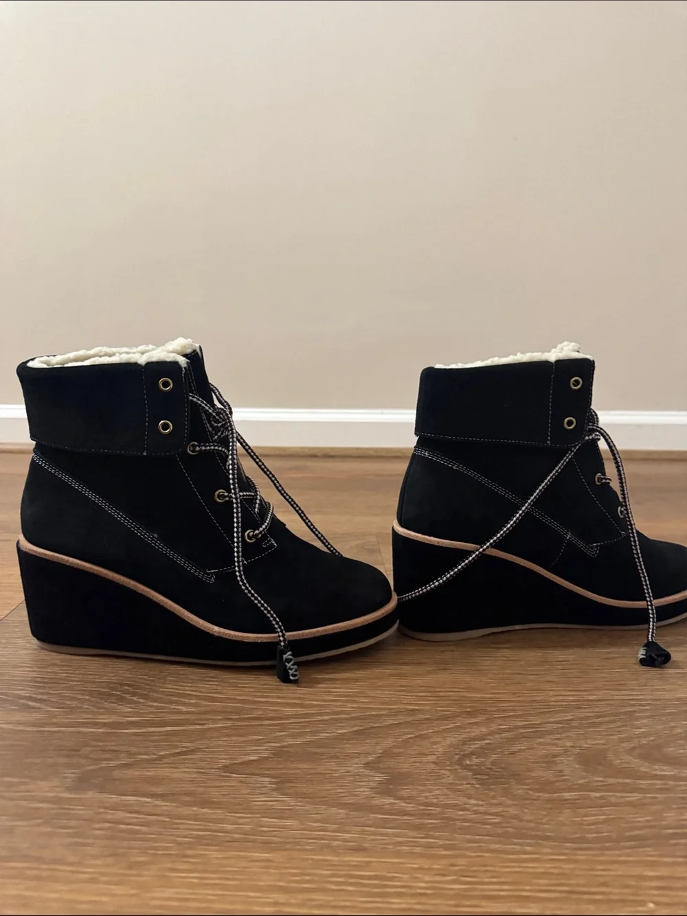 kate spade Black Suede Lace-Up Wedge Ankle Boots with Tan Trim